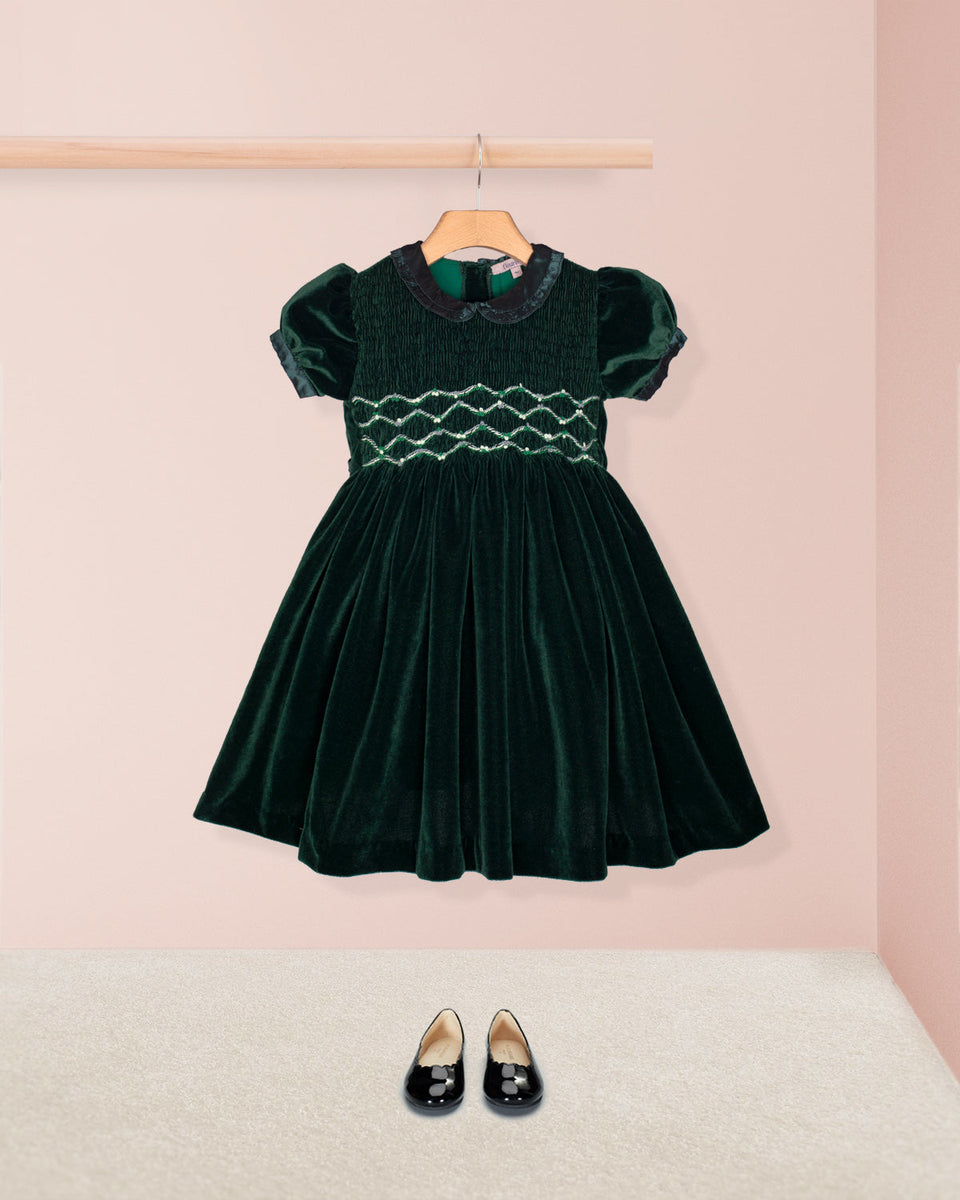 Victoire Green Velvet Smocked Dress