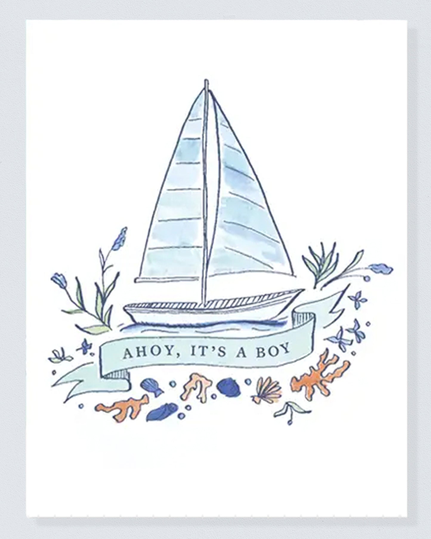 Illustrated gift card with a sailboat and seaweed design, featuring the text "Ahoy, It's a Boy"