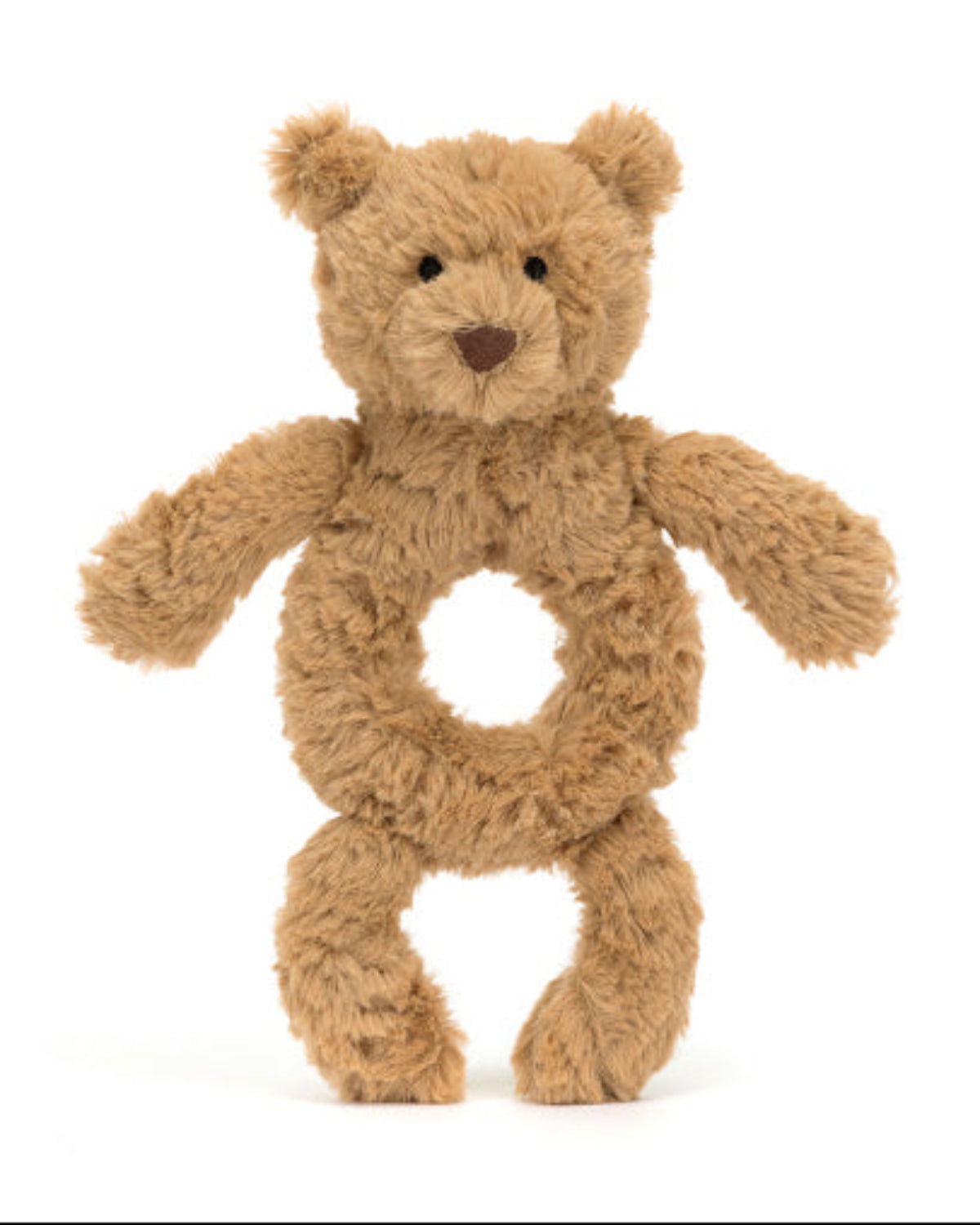 Plush teddy bear rattle on a white background