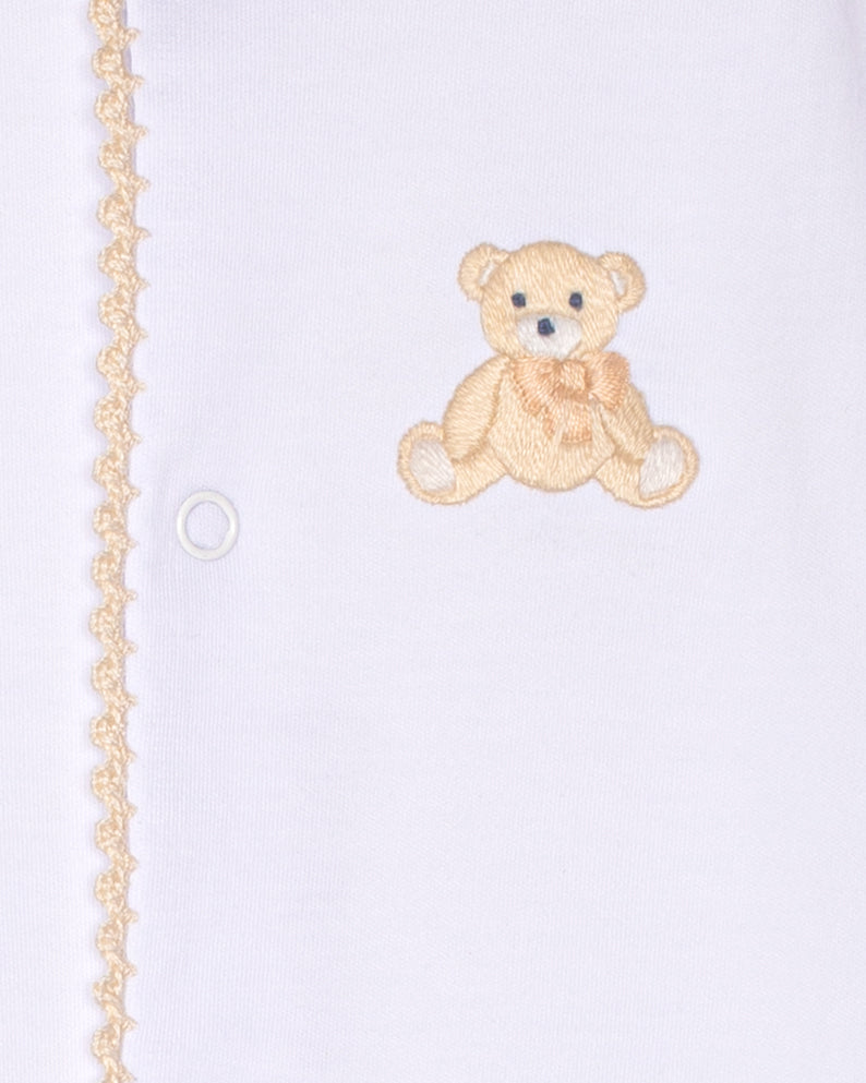 Embroidered teddy bear on a white background with a gold chain.