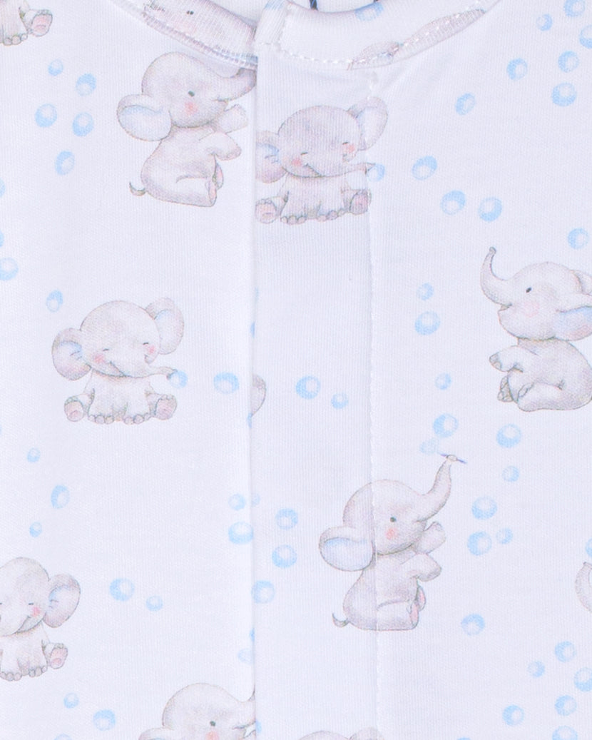 Pattern of baby elephants and blue bubbles on a white background