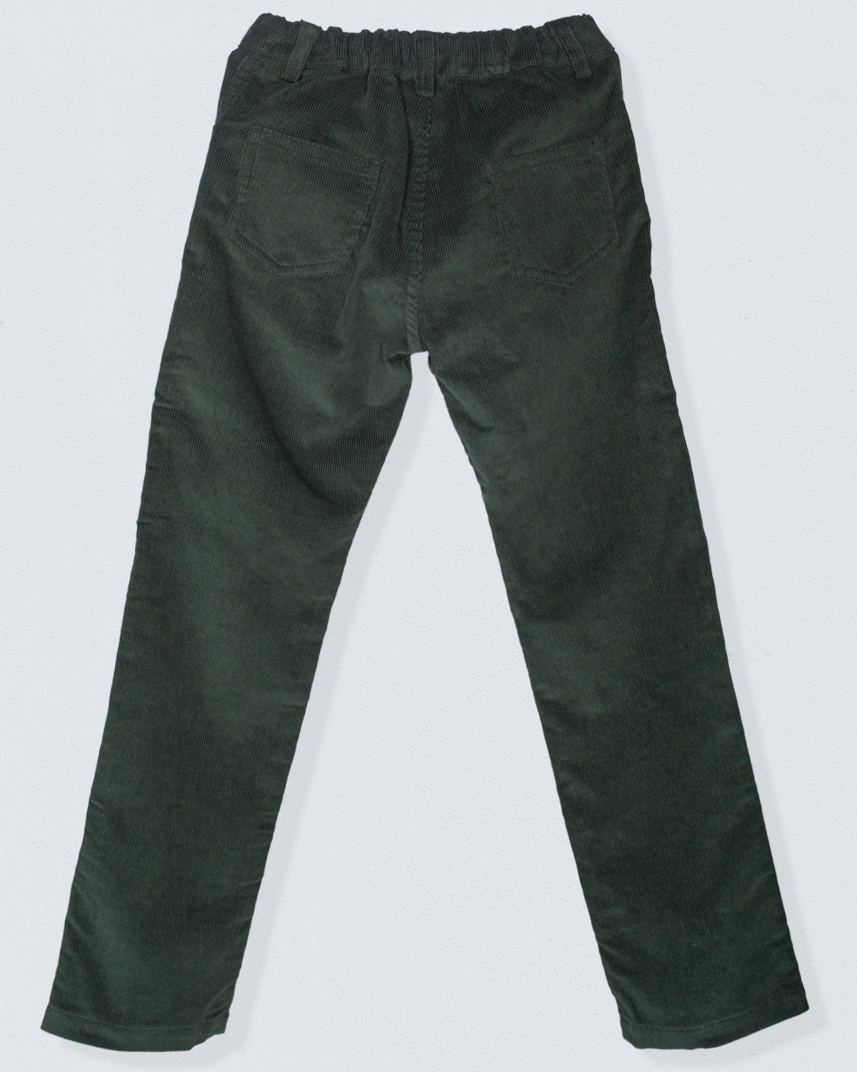 Back view of the Bradley Italian dark green Corduroy Pant, highlighting the elastic waistband and two rear patch pockets.