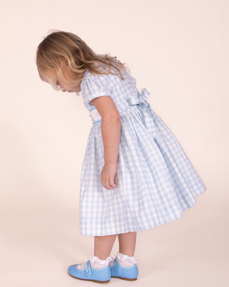 Bunny Blue Gingham Linen Smock - Smocked Dress
