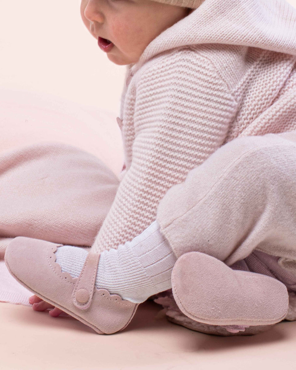 Chloe Scallop Baby Pink Suede Crib Shoe