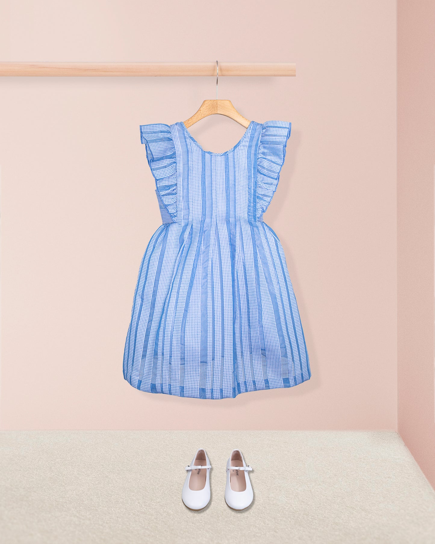 Carmel Italian Blue Chiffon Dress with shoes on a hanger