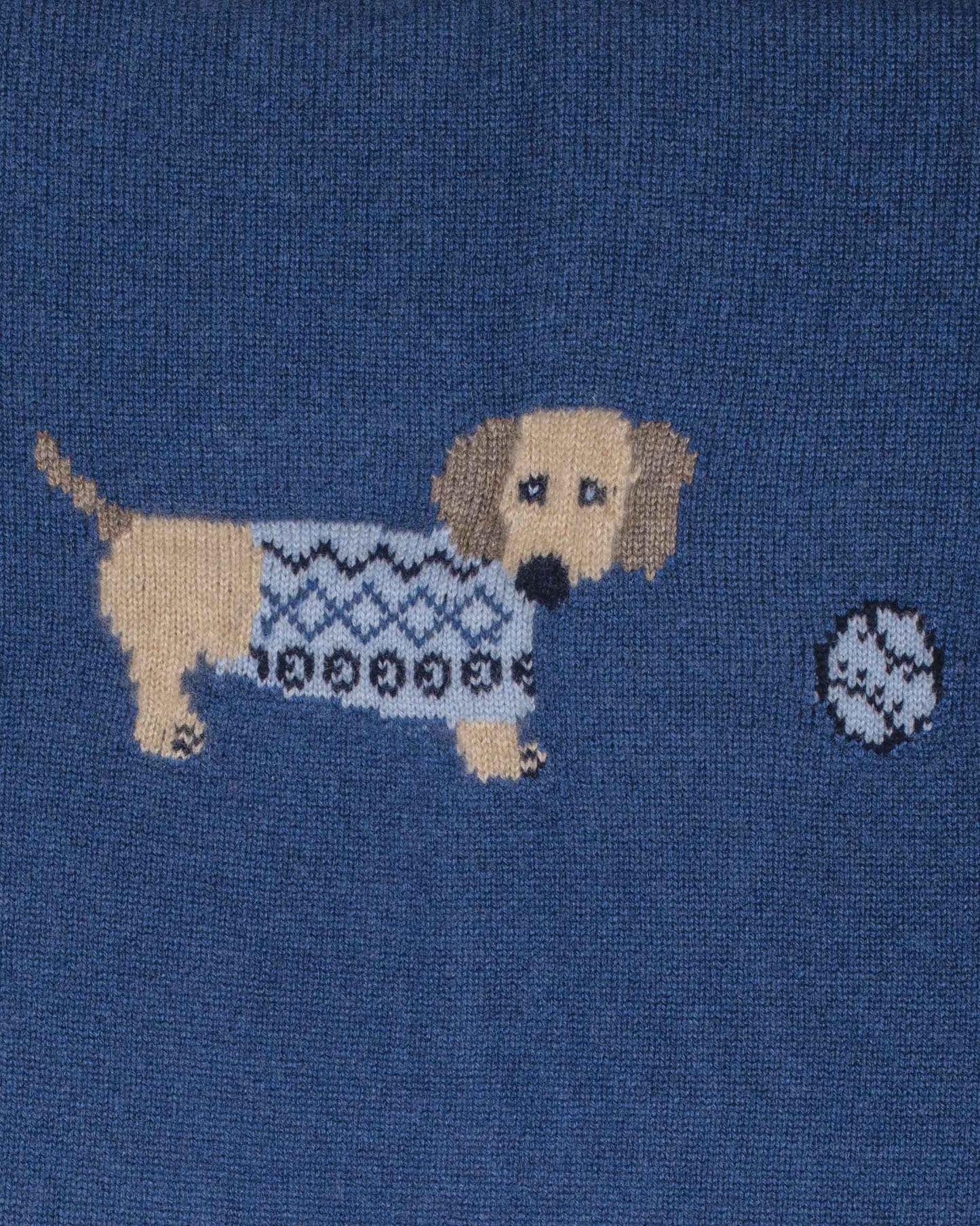 Close up of a cashmere blanket with a dog wearing a sweater and a ball