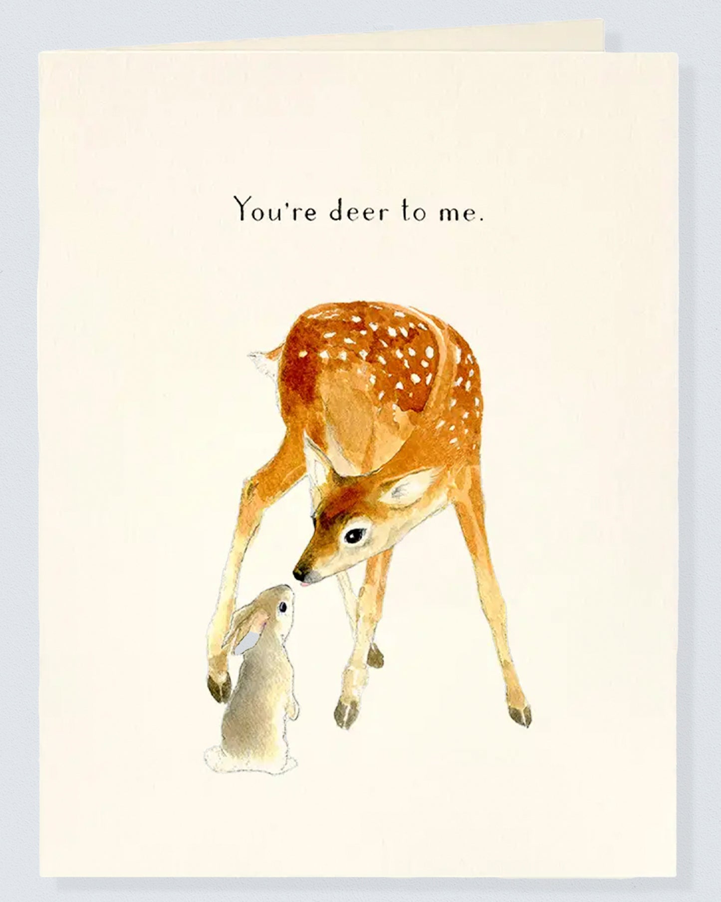 Baby Deer Gift Card featuring a watercolor illustration of a fawn touching noses with a small bunny and the caption "You're deer to me" on the front