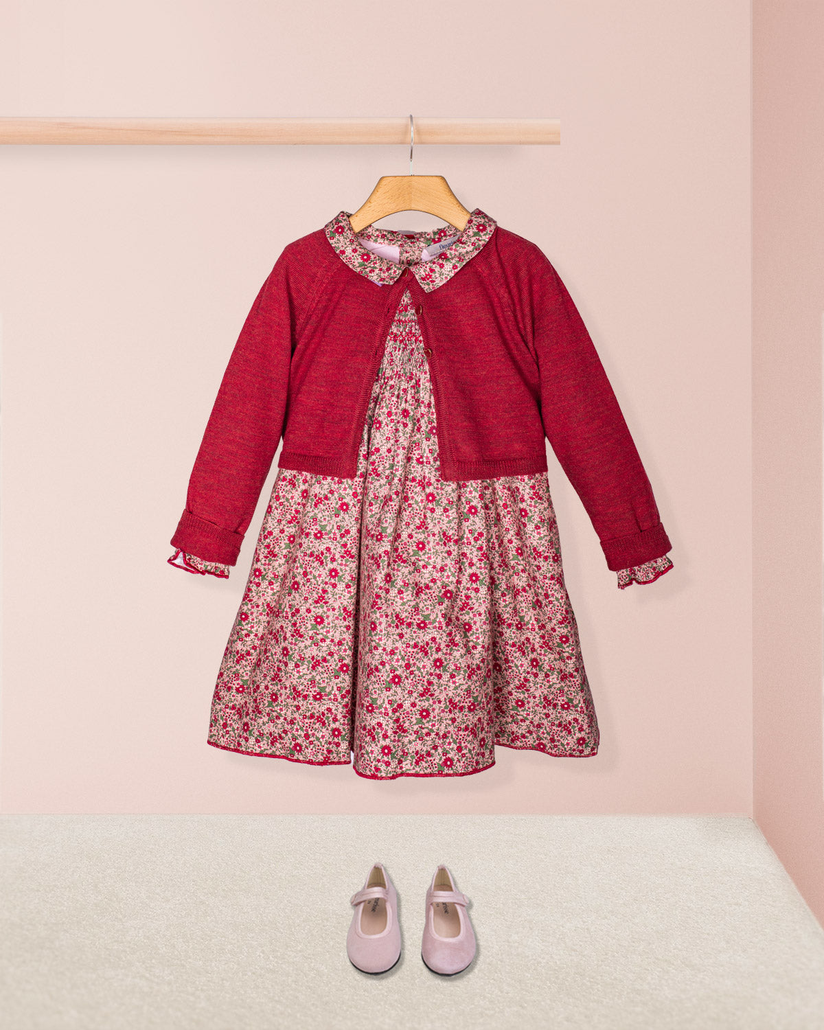 Elizabeth Mini Mauve Floral Twill Dress styled with coordinating mauve Mary Jane shoes and a matching grosgrain bow, perfect for special occasions.