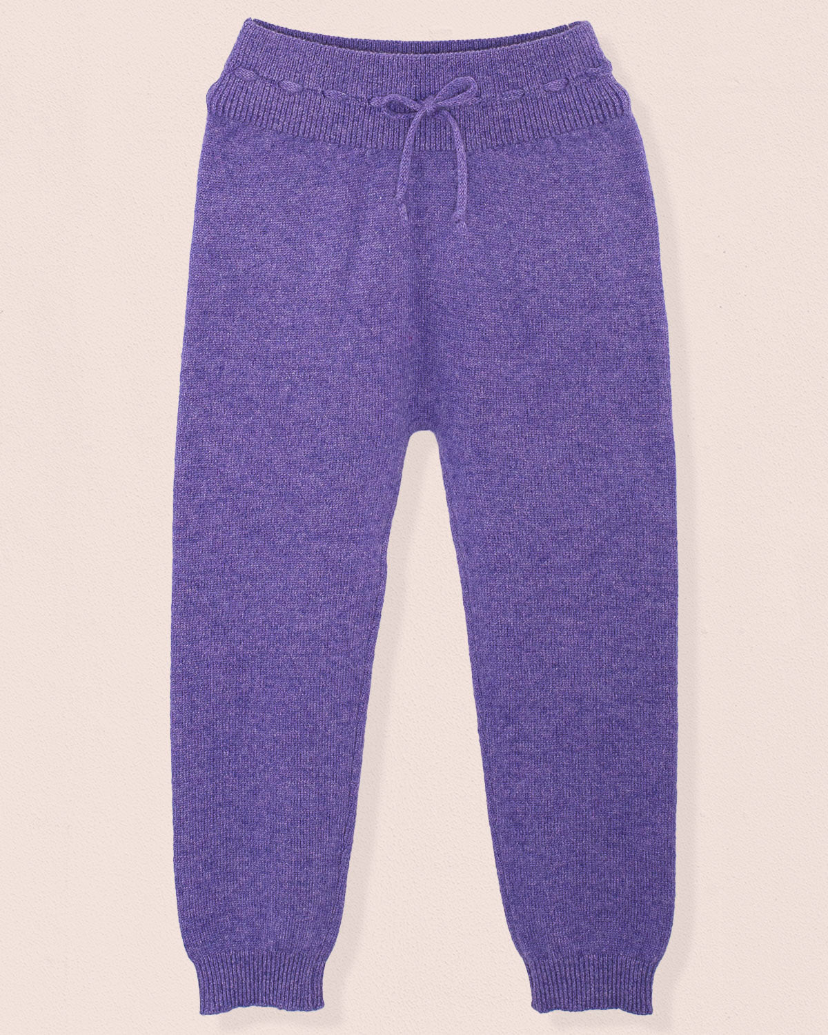 Aspen Cashmere Lavender Legging in purple, features ribbed drawstring waist and cuffs, crafted from 100% Italian cashmere for warmth and comfort.