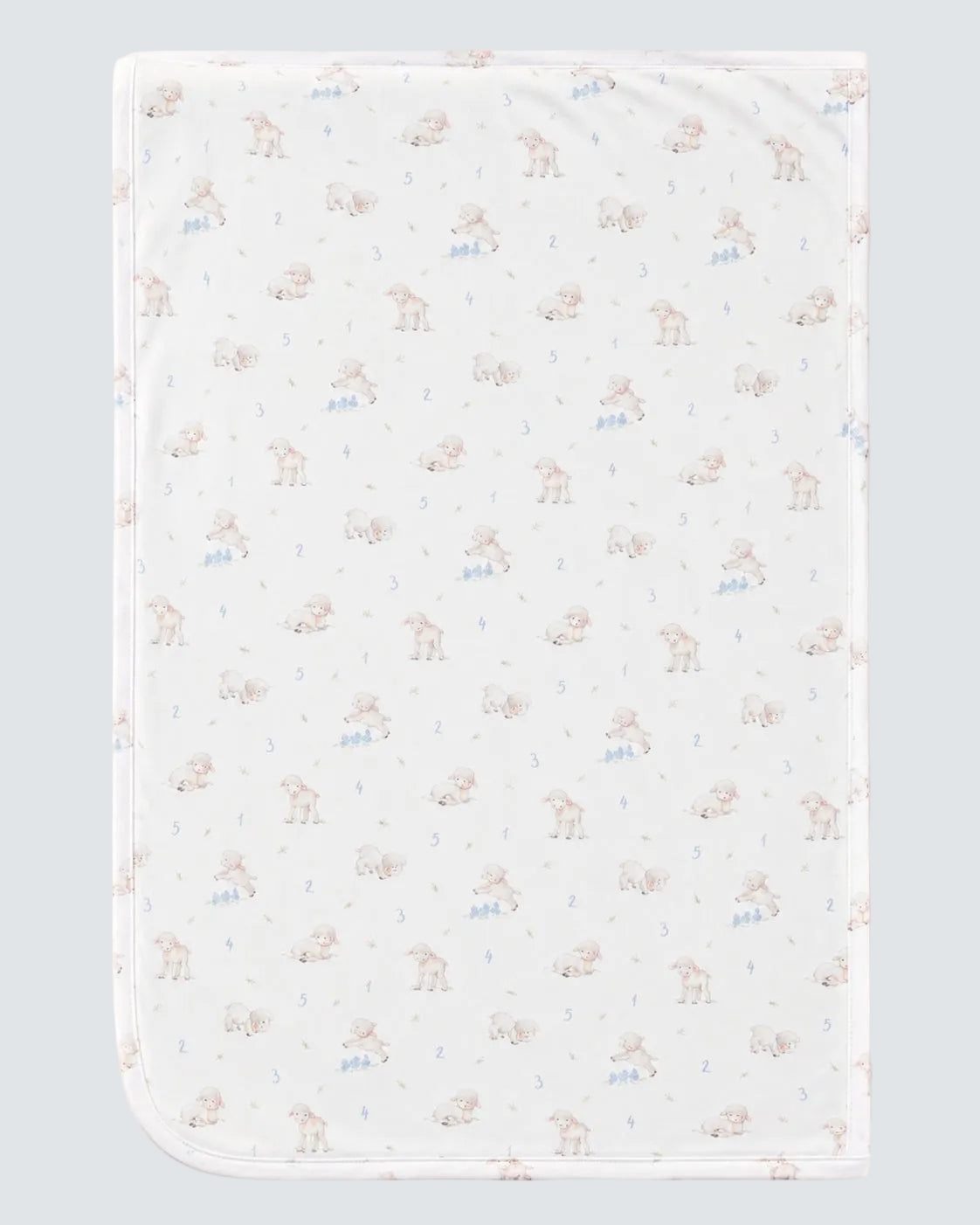 White receiving blanket with tan-brown lambs jumping over light blue fences, and numerals 1-4 placed in between the lamb. shot against a peach background.