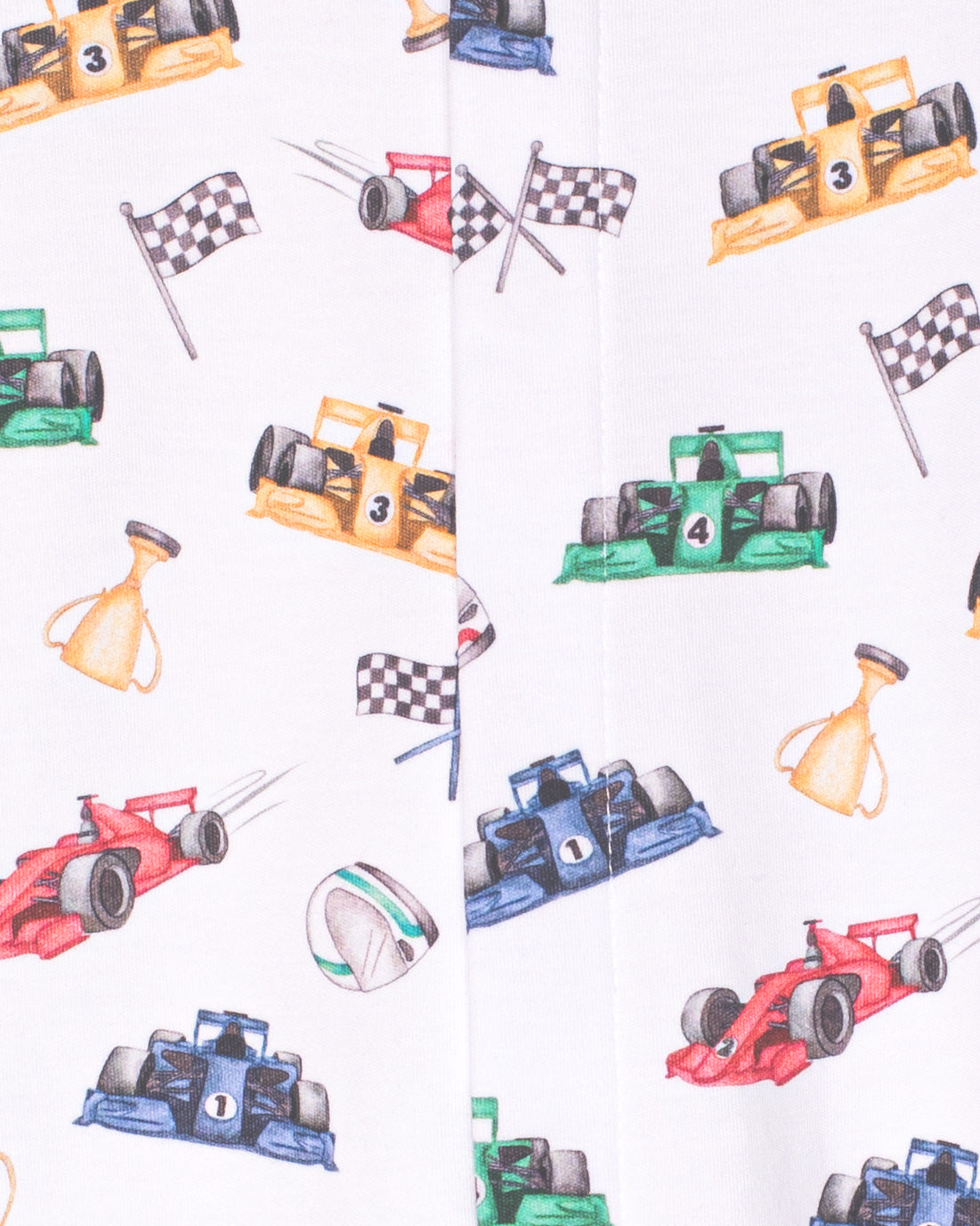Pattern of colorful race cars, checkered flags, and helmets on a white background