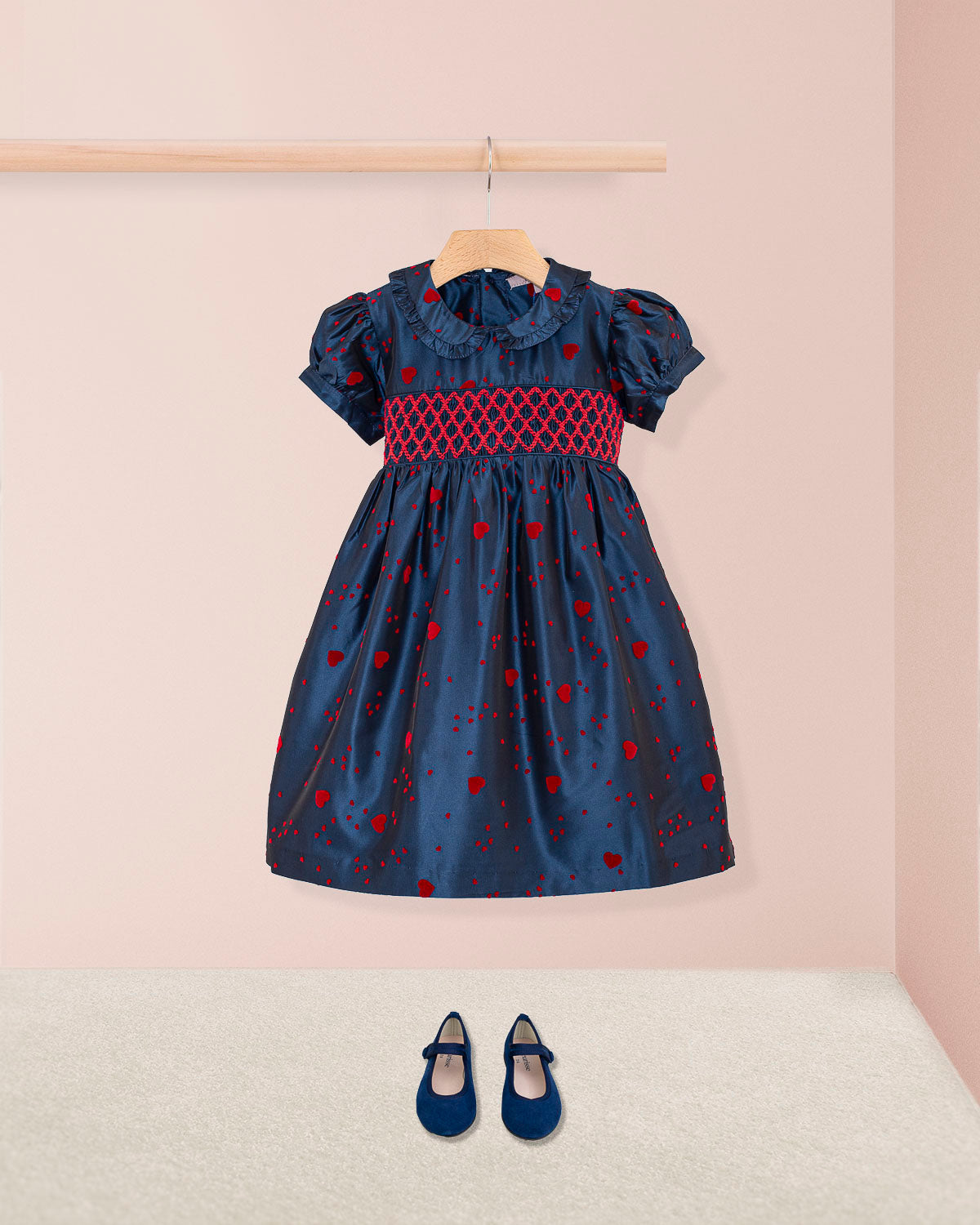 Valentine Taffeta Navy Hearts Smock - Dress