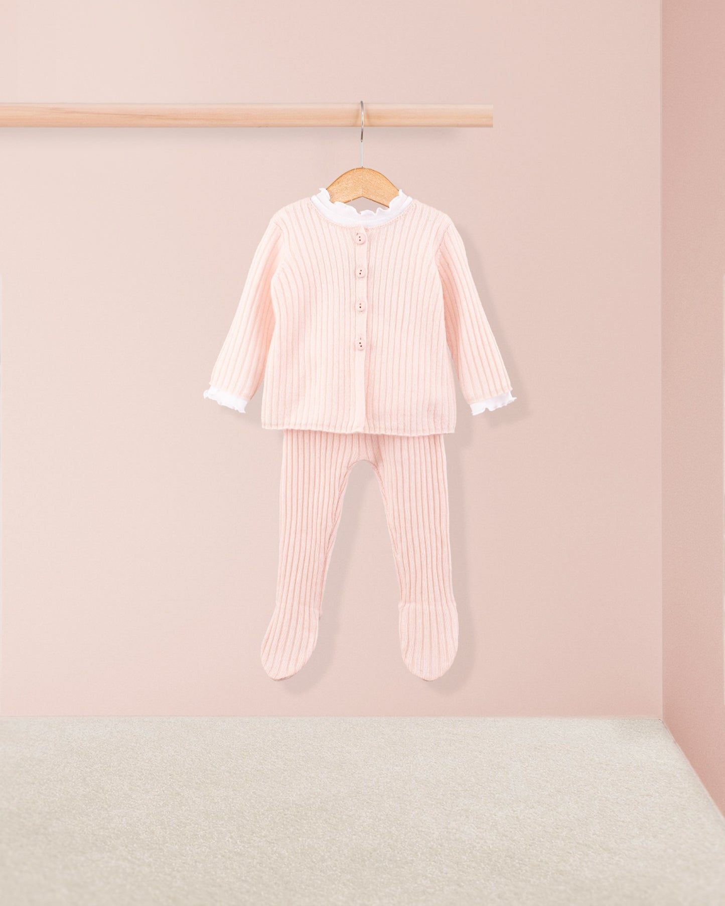 Cashmere Ribbed Baby Pink Cardigan - Cardigan