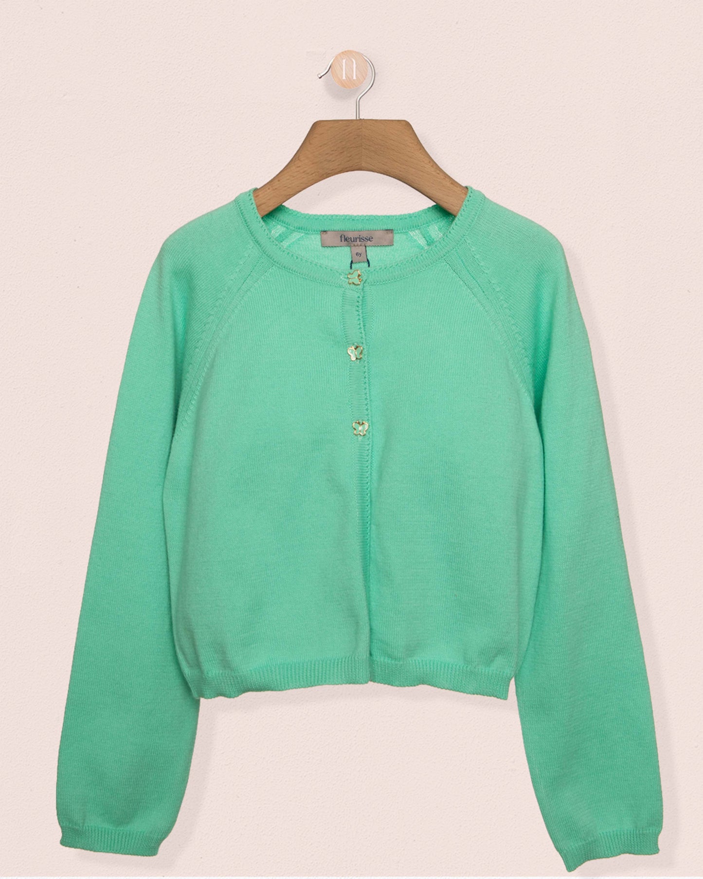 Green sweater on a wooden hanger against a beige background