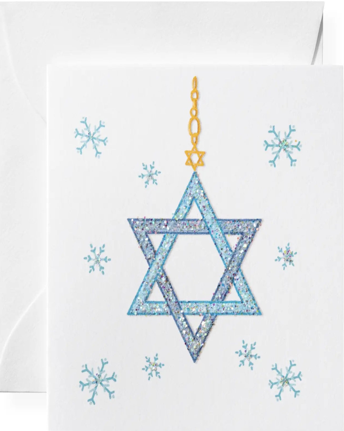 Card with a blue Star of David and gold chain on a white background