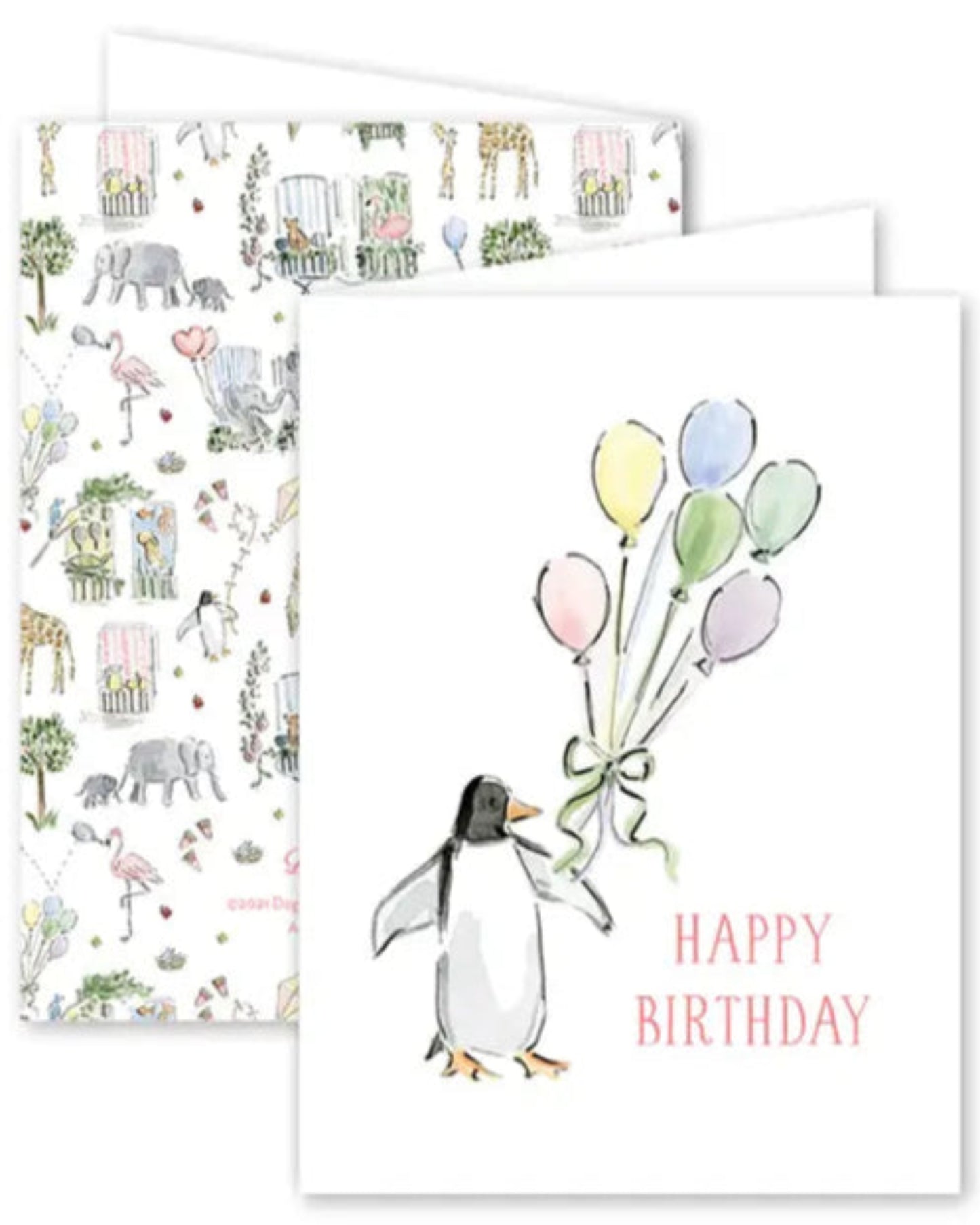 Two greeting cards; one with animal illustrations and the other with a penguin holding balloons and 'Happy Birthday' text.