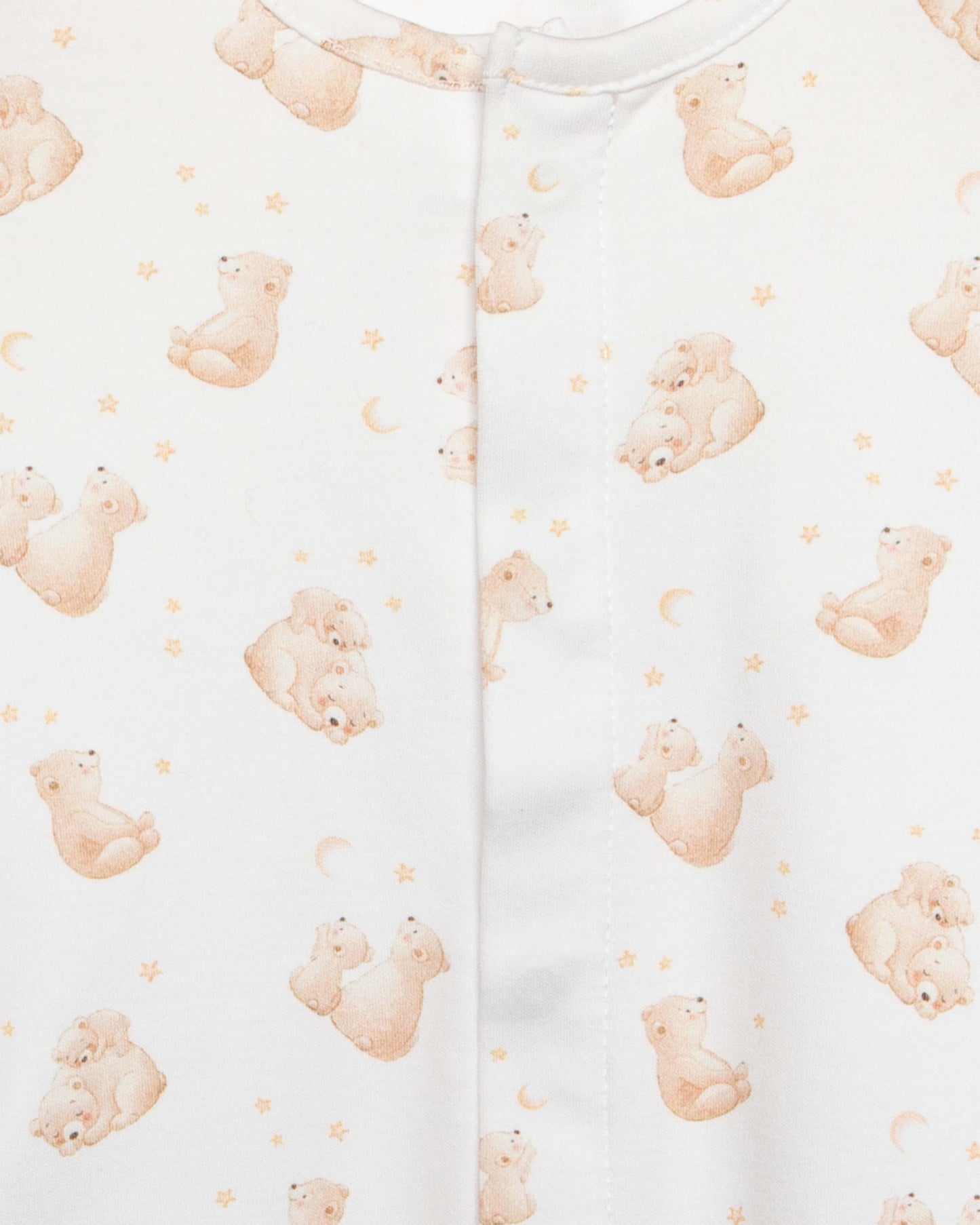 Baby onesie with teddy bear pattern on a white background