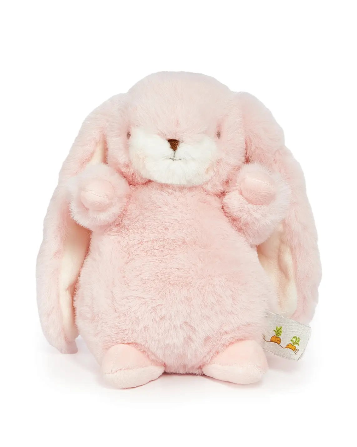 Pink plush bunny toy with a small tag on a white background