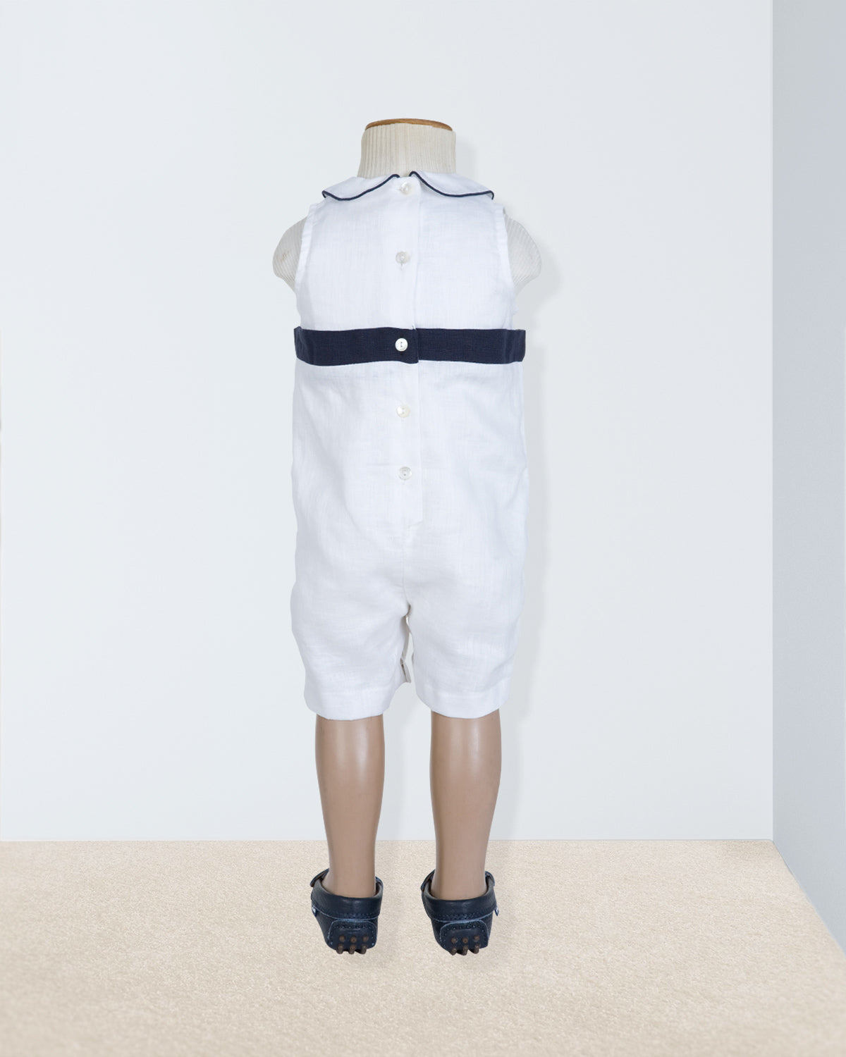 Shore Club White with Navy Trim Linen Romper - Romper