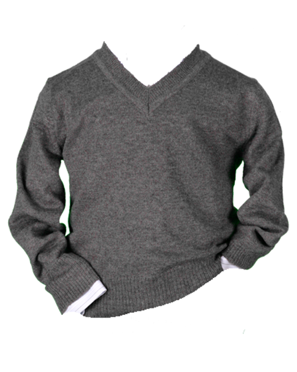 charcoal grey colored v neck boy's sweater against white background