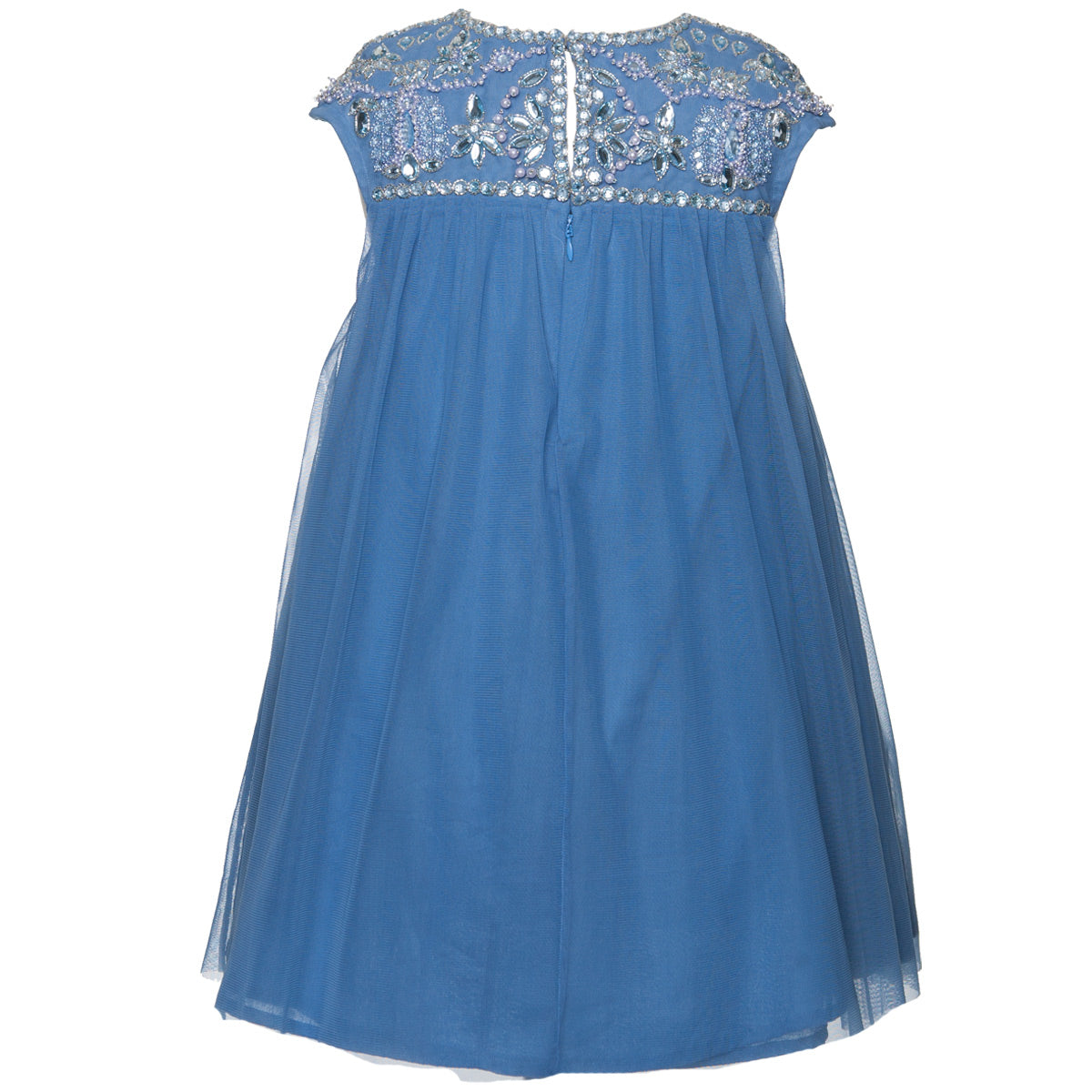 Back view of the Angelina Royal Tulle Dress showing a zip closure and intricate hand beading along the neckline and shoulders