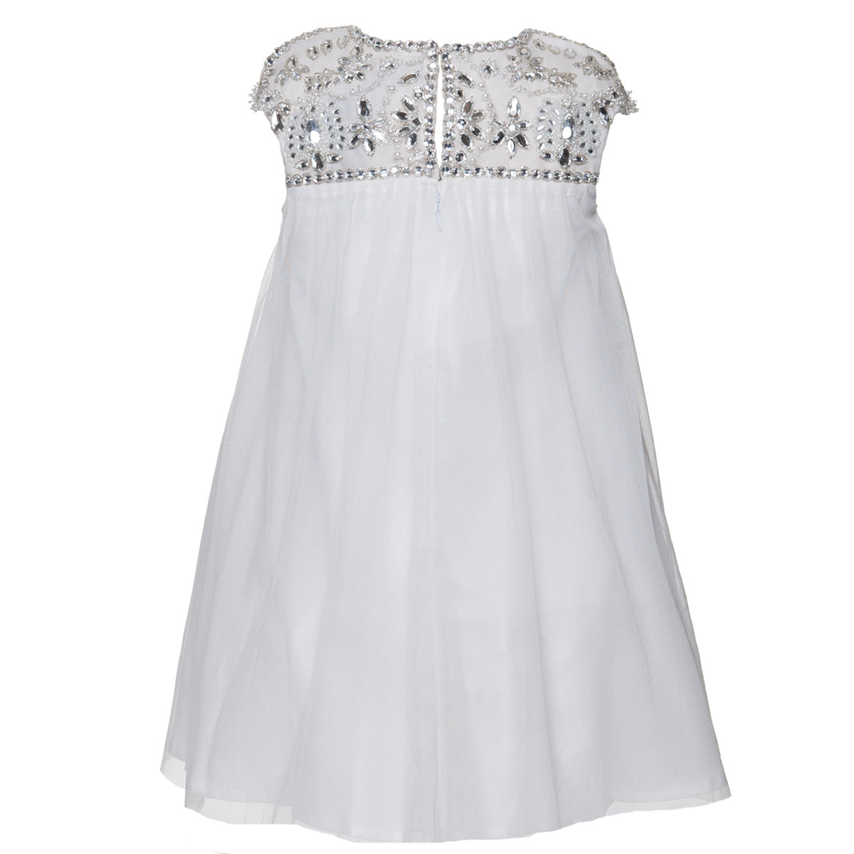 Back view of the Angelina white Tulle Dress showing a zip closure and intricate hand beading along the neckline and shoulders