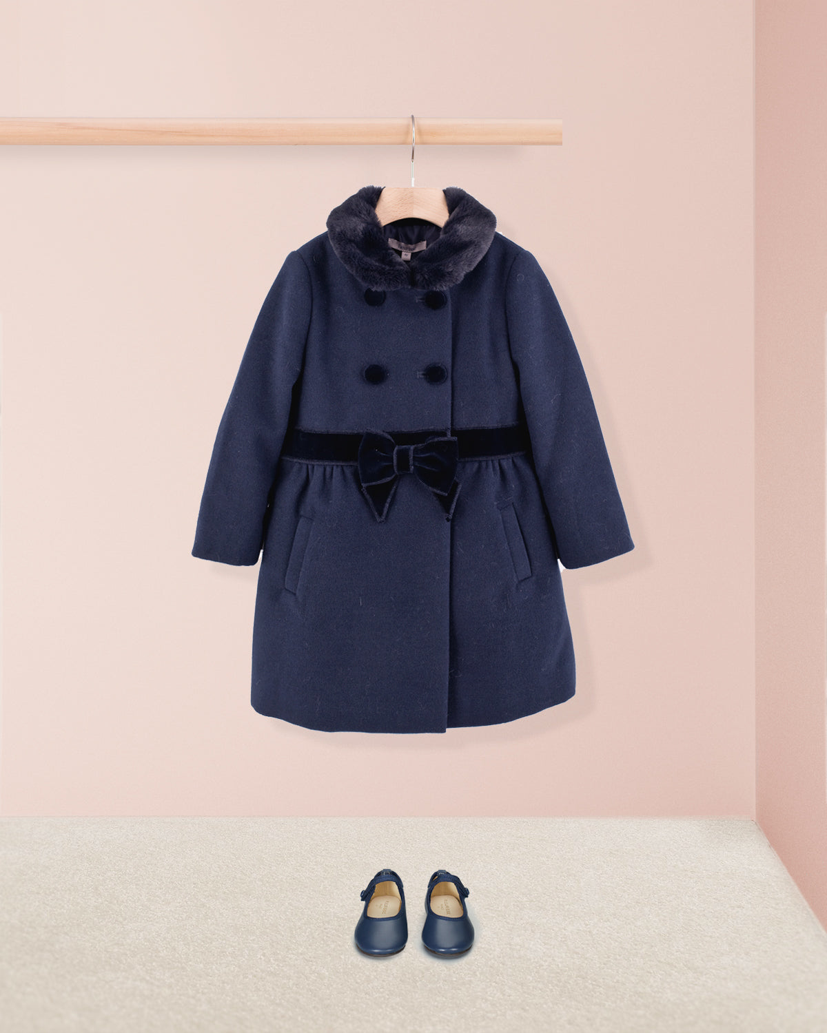 Madeline Fur Trimmed Navy Coat - Coat