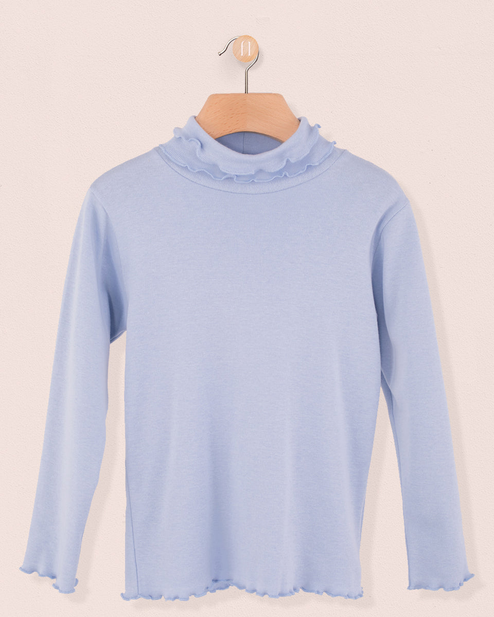 Ruffle Turtleneck Italian Brushed Cotton Light Blue