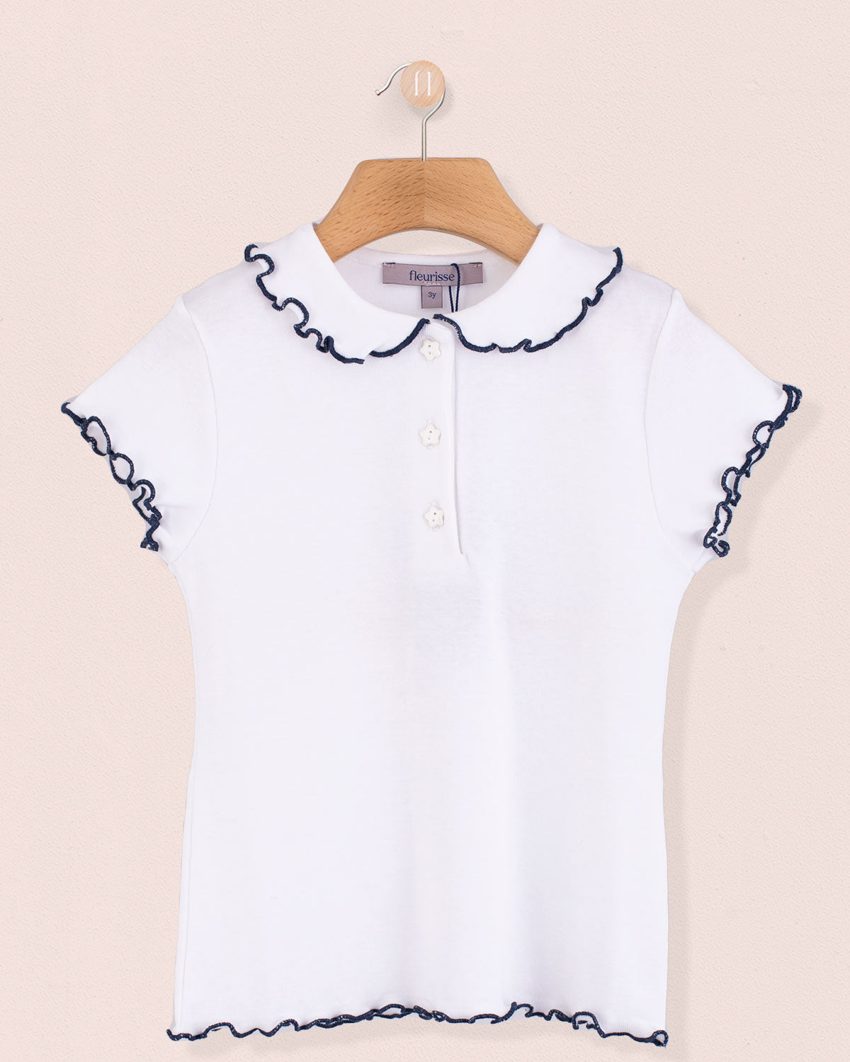 Italian White Cotton Collar Shirt With Navy Trim - Jersey