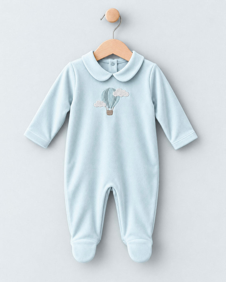 Air Balloon Embroidered Blue Cotton Footie Collection