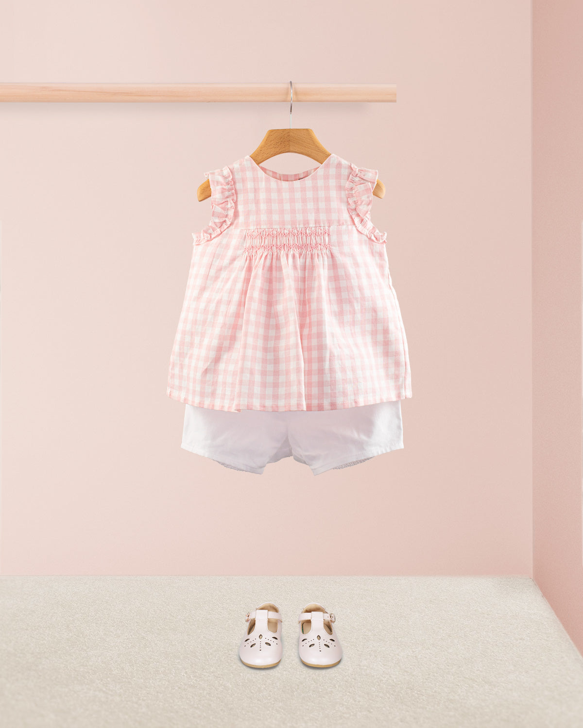 Amelie Pink Gingham Linen Tunic Iris Shorts Outfit