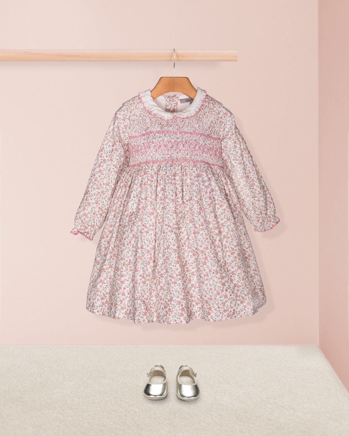 Fiorella Belina Delicate Floral Pink Twill Smocked Dress