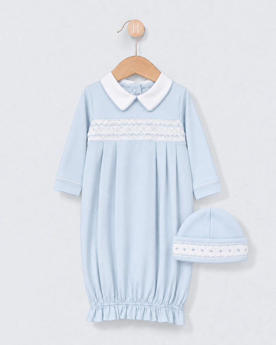 Bris Pima Light Blue Smock Collared Gown and Hat Set