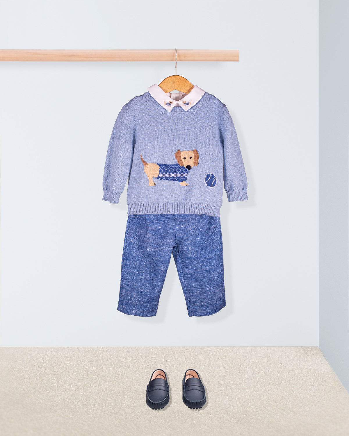 Dachshund Sky Blue Cotton Sweater Rome Pant Outfit