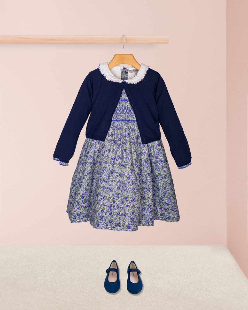 Fiorella Mini Blue Floral Twill Smocked Dress