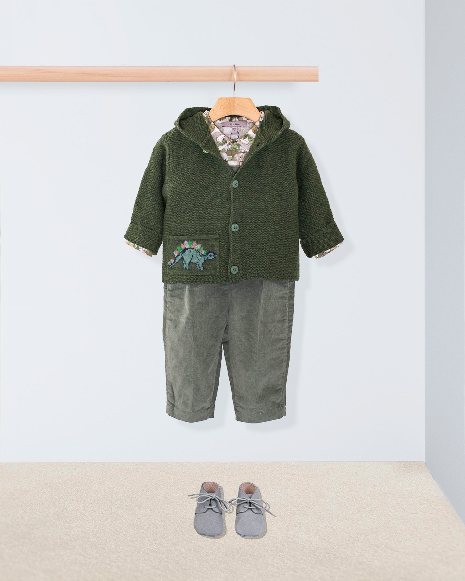 Benjamin Dinosaur Hooded Sweater Overall Outfit