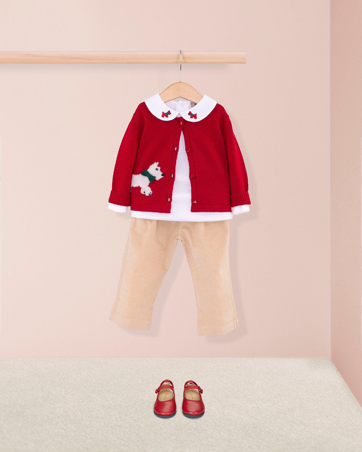 Madeleine Red Scotty Wool Cardigan Outfit
