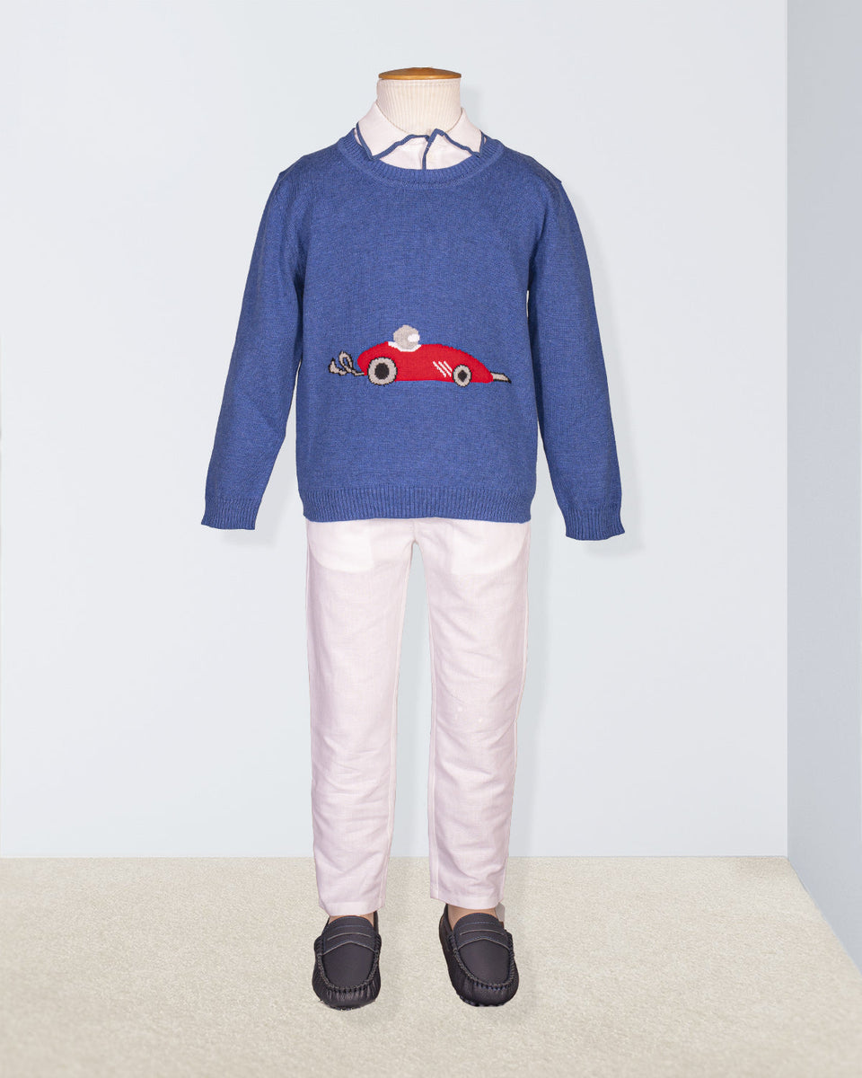 Car Mediterranean Blue Cotton Sweater Bali Pant Outfit
