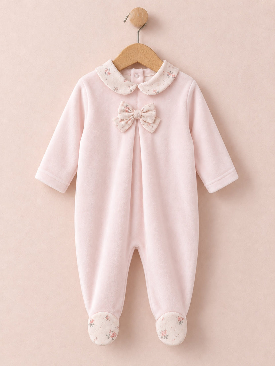 Velour Collar and Bow Petal Pink Footie Collection