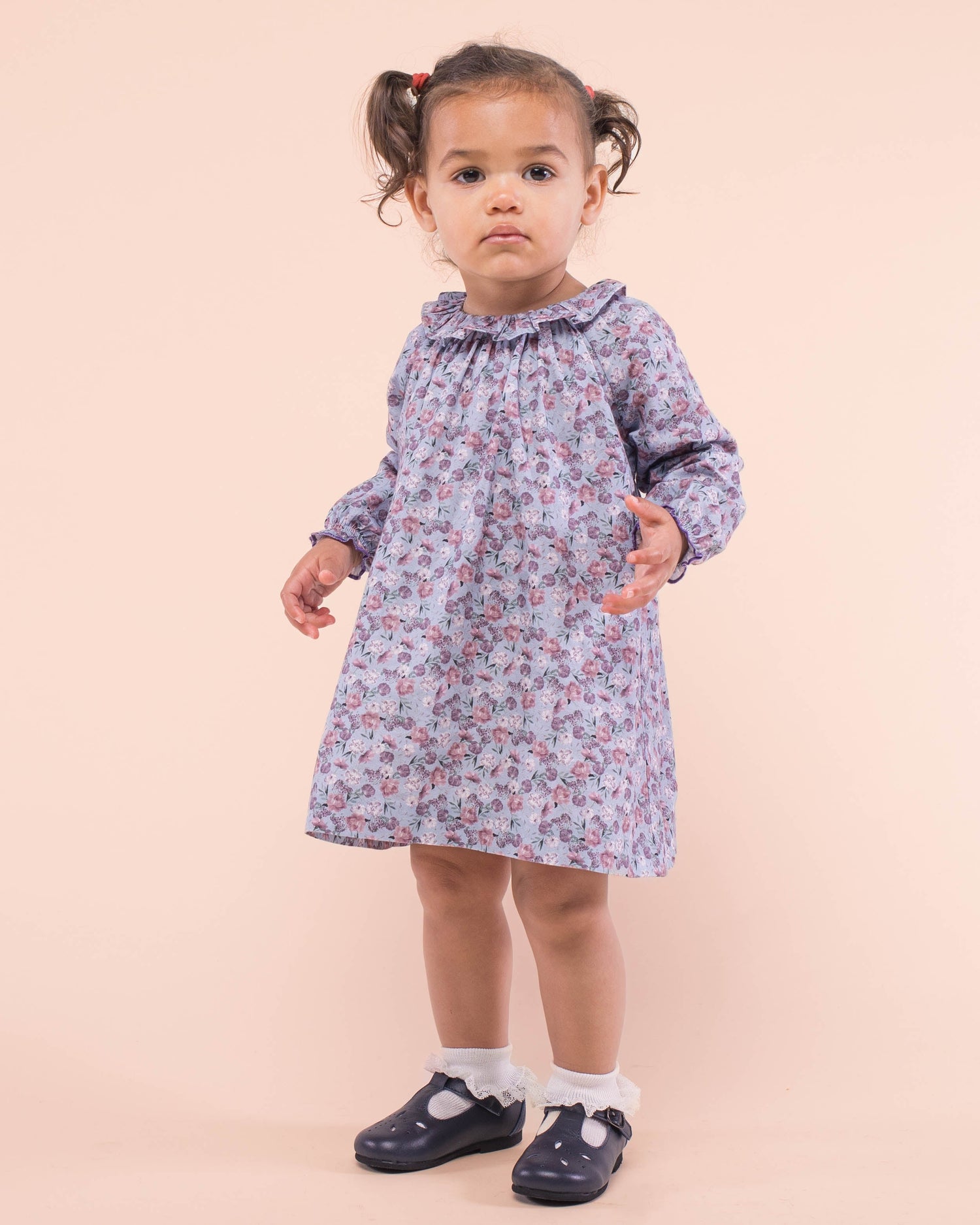 Toddler girl with pigtails standing wearing Rose A-line purple print dress and navy josephine shoes