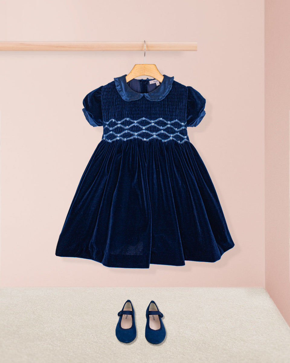 Victoire Navy Velvet Smocked Dress