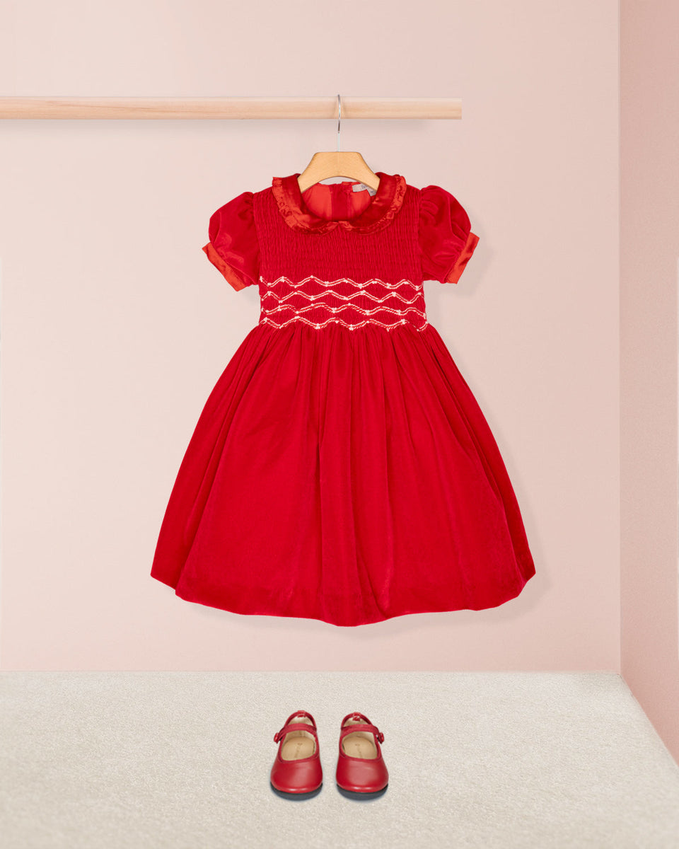 Victoire Red Velvet Smocked Dress