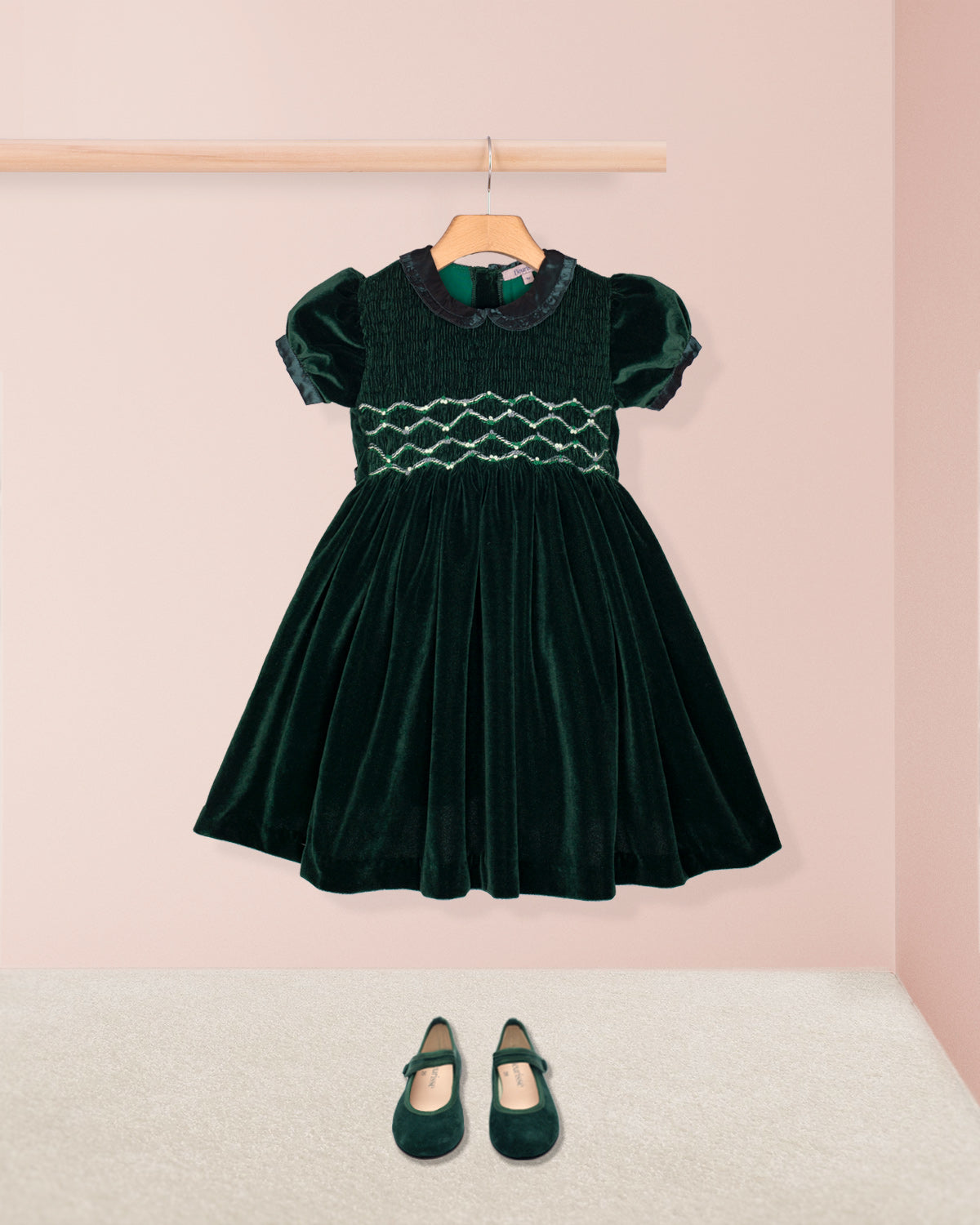 Victoire Green Velvet Smocked Dress