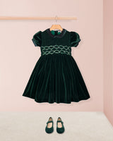 Victoire Green Velvet Smocked Dress