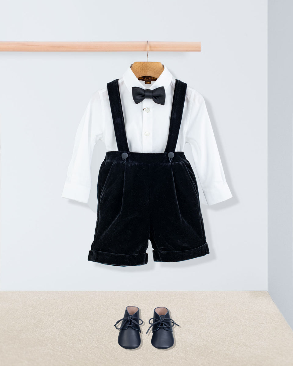 Adam Black Velvet Suspender Shorts Outfit