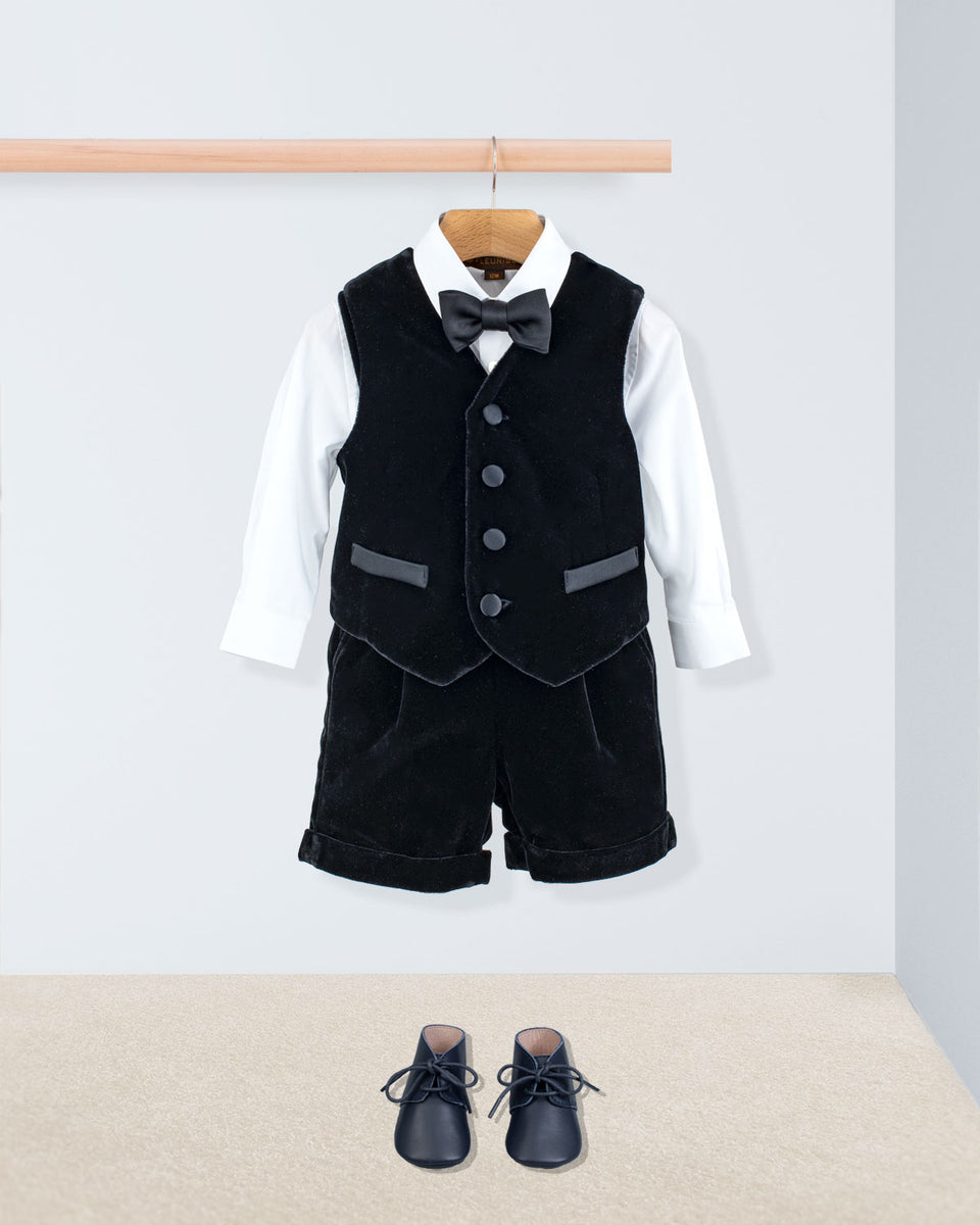 Adam Black Velvet Vest and Suspender Shorts Set