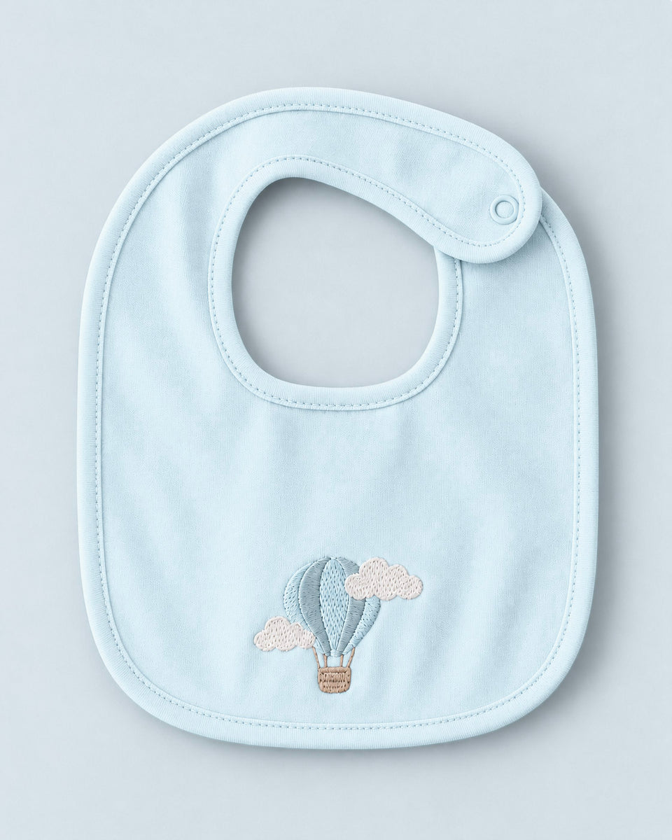 Air Balloon Embroidered Blue Cotton Bib