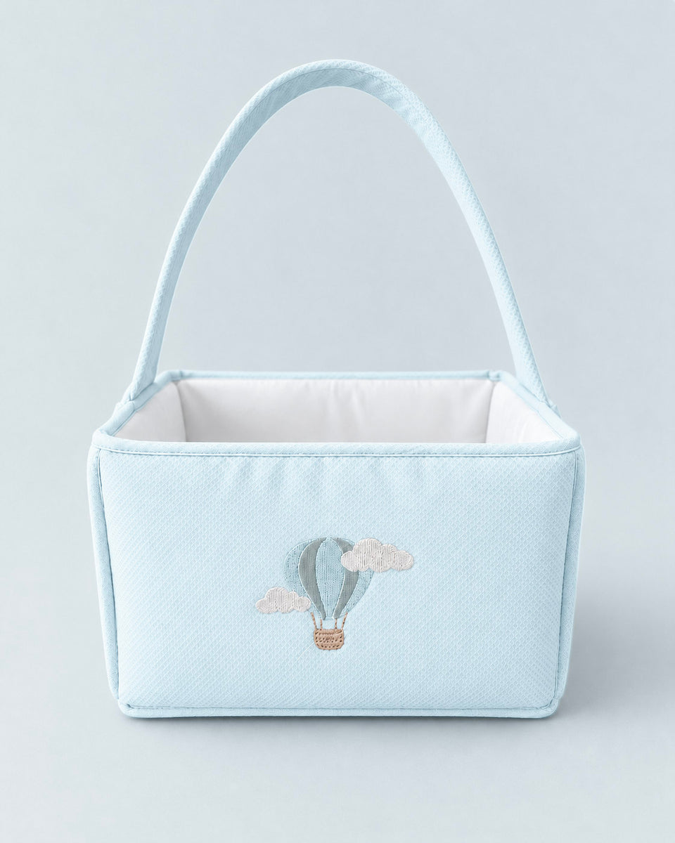 Blue Air Balloon Embroidered Handle Basket