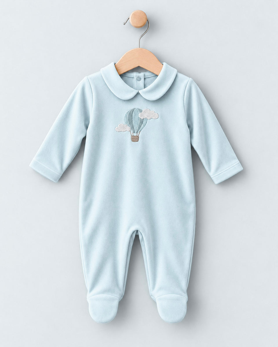 Air Balloon Embroidered Blue Cotton Footie