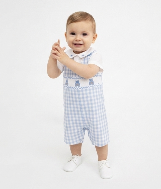 Bear Blue Gingham Linen Smocked Romper